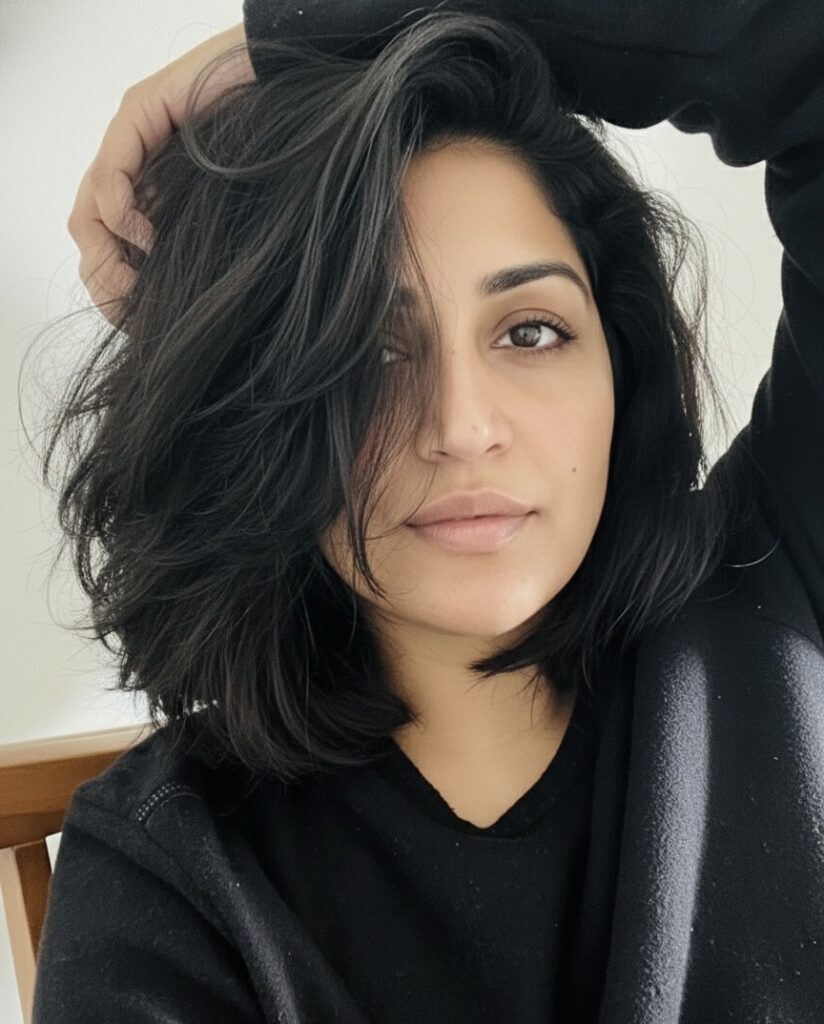 Woman with short layered black bob haircut showcasing modern hair transformation