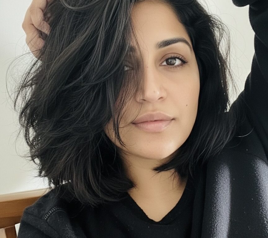 SHORT SOFT LOB FACE FRAMING HAIR CUT, WITH BLACK T SHIRT.