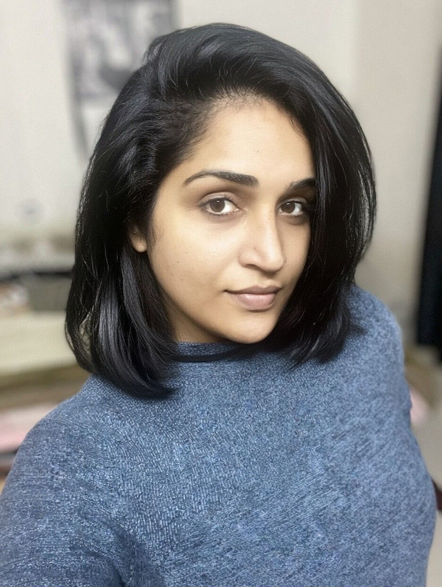 soft layered textured lob and natural makeup.